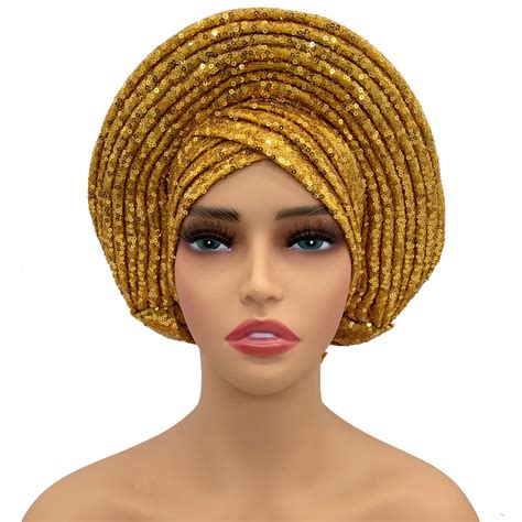 New Sequins Turban Cap For Women Ready To Wear African Auto Gele Headtie Nigeria Wedding Geles