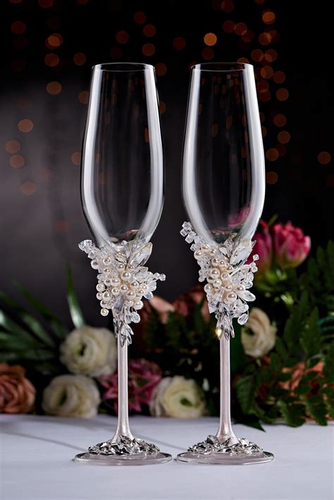 Personalized Wedding Glasses Wedding Glasses Toasting Flutes Light Ivory Pearls Cnampagne Flutes