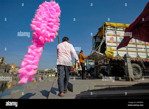 Nashik India January 25 2024 A Man Selling Cotton Candy At The