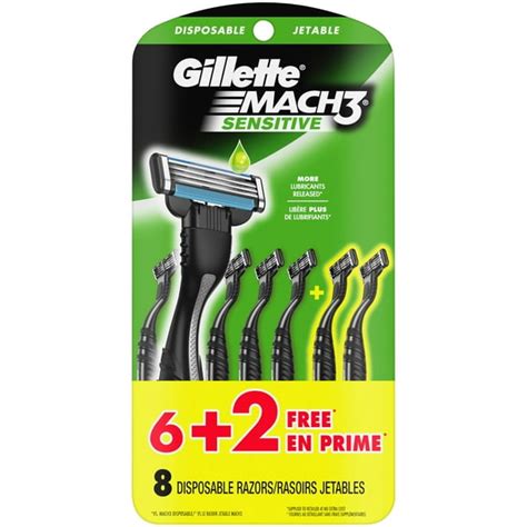 Gillette Mach3 Sensitive Mens Disposable Razors 6 Pack Plus 2 Razors