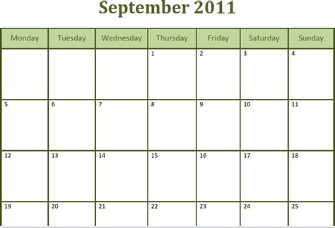 Printable Blank Pdf September 2011 Monthly Calendar Printable