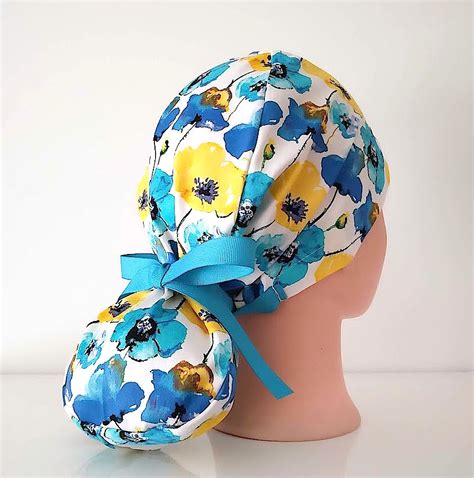 scrub caps, yellow poppy, with buttons and ponytail, surgery caps, surgical cap, cotton sateen