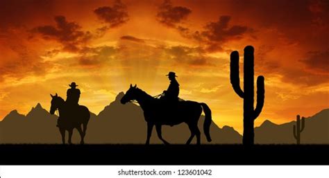 Silhouette Lonesome Cowboy Riding Horse Sunset Stock Vector Royalty