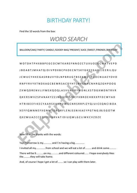 Birthday Party Word Search ESL Worksheet By Raquel Marques