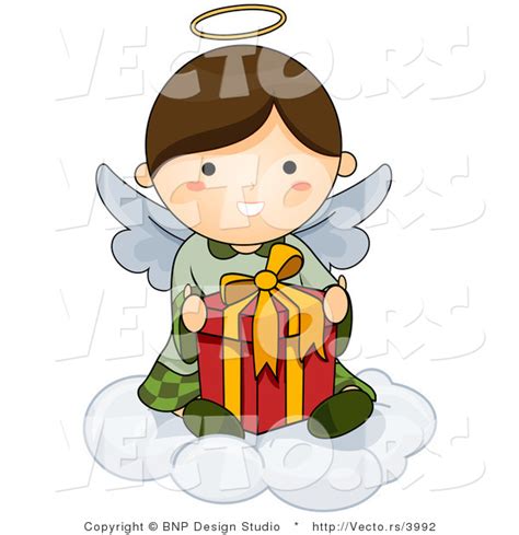 Cartoon Vector Of Happy Angel Sitting On Cloud With Present By Bnp