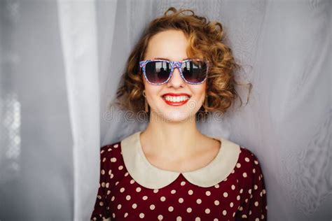portrait of beautiful girl with red lips and retro sunglasses stock image image of gorgeous