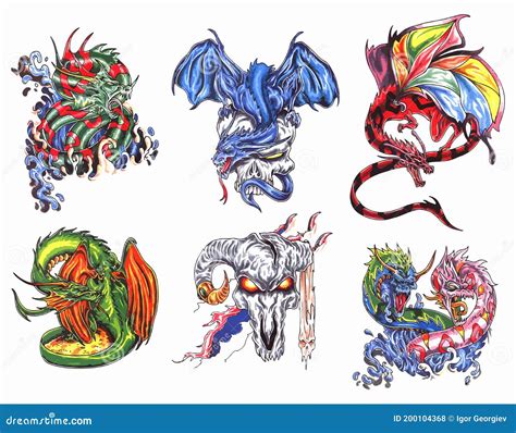 Dragon Tattoo Flash Set Set Of Labels And Elements Vector Set