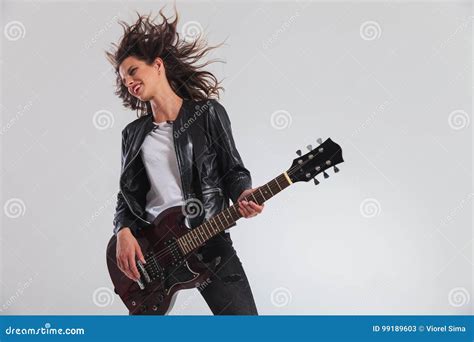 Happy Head Banging Woman Guitarist Playing Guitar Stock Image Image