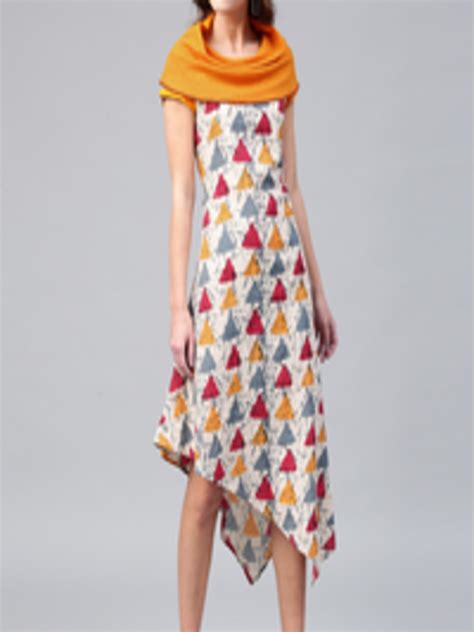 Buy Aks Women Cream Coloured And Mustard Yellow Printed A Line Dress