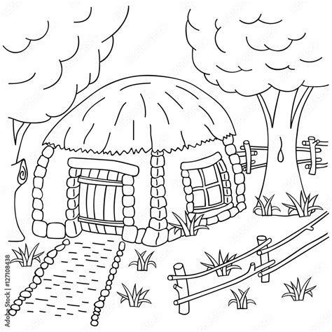 Hand Draw Village House Behind The Fence Coloring Book Page For Adults