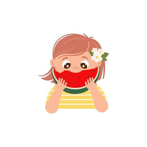 Милая маленькая девочка ест арбуз счастливый ребенок ест сладкую красную ягоду летний мультфильм