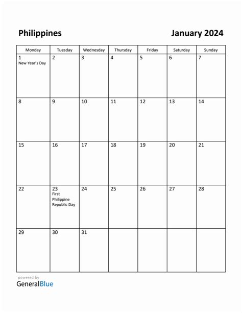 Free Printable January 2024 Calendar For Philippines
