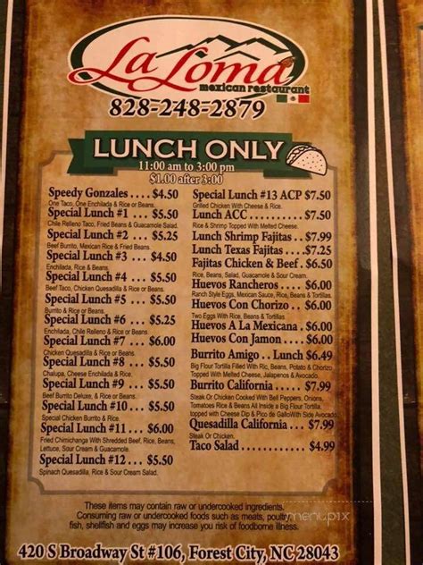 Menu Of La Loma Mexican Restaurant In Forest City Nc 28043
