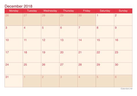 December 2018 Printable Calendar