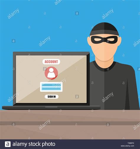 Thief Hacker In Mask Stealing Passwords From Laptop Anti Phishing And