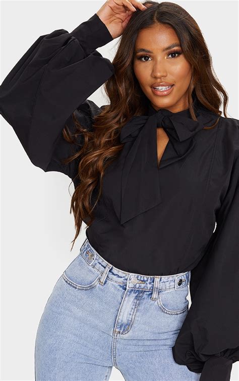 black woven plunge pussy bow blouse tops prettylittlething qa