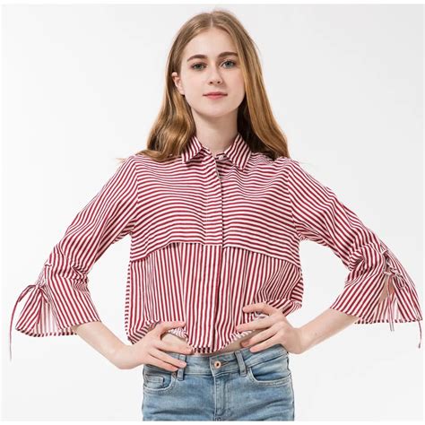2018 Striped Women Blouses Ladies Tops Plus Size Turn Down Collar Bow Women Shirts Summer Three