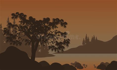 Night Landscape Mountains River And Trees Silhouettes Stock Vector