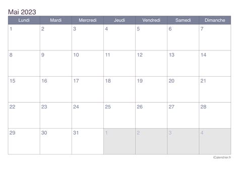 Calendrier Mai 2023 à Imprimer Icalendrier