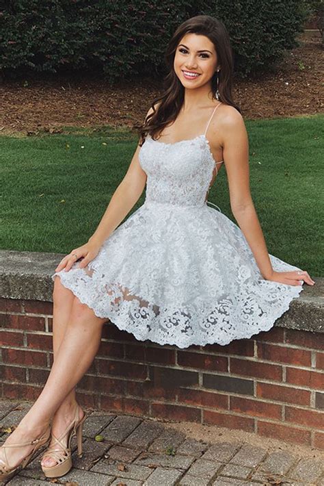 A Line Backless Lace White Homecoming Dresses Short Prom Dresses Whit