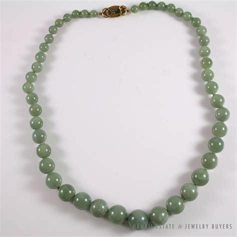 Mings Hawaii Signed Green Jade Graduated Ball 14k Yellow Gold Necklace