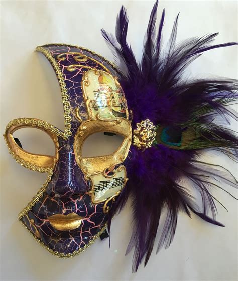 Venetian Style Mardi Gras 34 Face Mask With Purple And Peacock Feather And Ribbon Ties