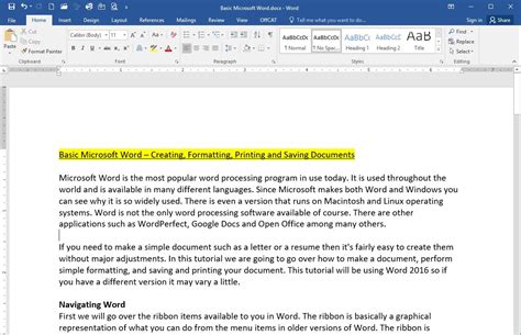 Basic Microsoft Word Creating Formatting Printing And Saving Documents