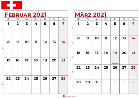 Leerer kalender für den druck januar 2021. Download kostenlos Schweiz Kalender März 2021