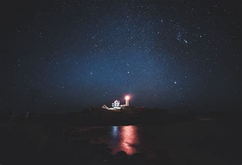 Night Dark Lights Stars Lighthouse Stones Reflection Starry