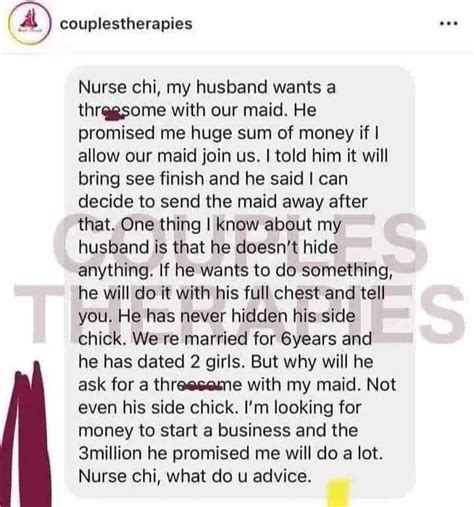 My Husband Wants A Threesome With Our Maid For N3 Million Married