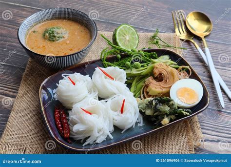Kanom Jeen Nam Prik Thai Rice Noodles With Peanut Sauce At Top View