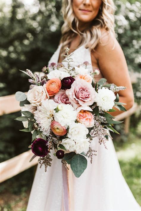 Blush Peach And Burgundy Bridal Bouquet By Feisty Flowers
