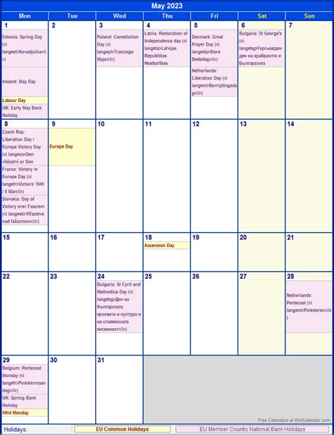 May 2023 EU Calendar with Holidays for printing (image format)