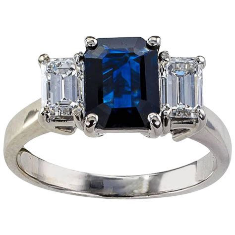Emerald Cut Blue Sapphire And Diamond Three Stone Ring For Sale At 1stdibs
