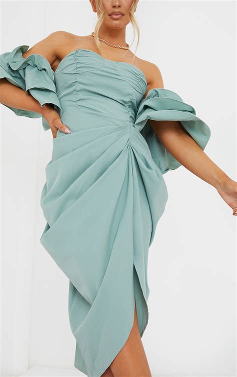 Sage Green Bardot Frill Sleeve Draped Midi Dress Prettylittlething Usa