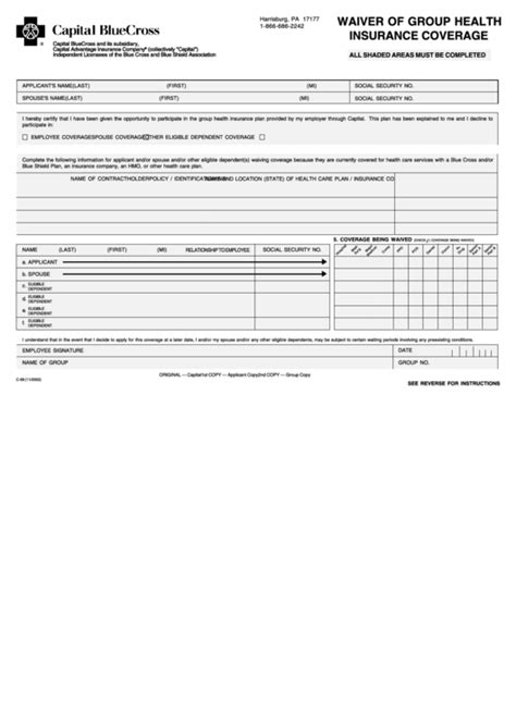 Waiver Of Group Health Insurance Coverage Printable Pdf Download