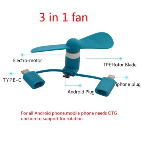 3 In 1 Travel Portable Cell Phone Mini Fan Cooling Cooler For Micro Usb