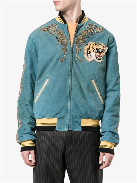 Gucci Dragon Embroidered Corduroy Cotton Blend Bomber Jacket In Blue