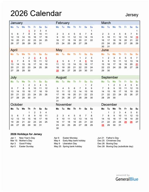 Annual Calendar 2026 With Jersey Holidays
