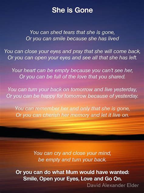 She Is Gone Funeral Poem For Mum By David Alexander Elder Funeral