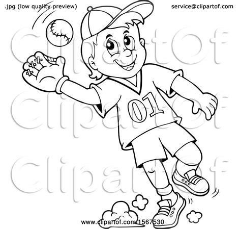 Clipart Of A Lineart Boy Catching A Baseball Royalty Free Vector