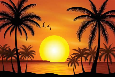 Colorido Atardecer En La Isla Tropical Hermosa Playa Oce Nica Con Ilustraci N De Palmeras