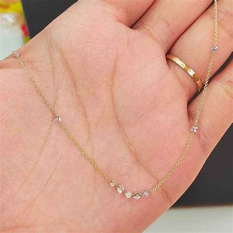 14k Tiny Diamond Necklace Thin Chain 14k Classy Women Etsy