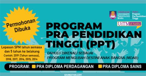 Pastikan anda menepati syarat kelayakan yang telah ditetapkan sebelum membuat permohonan. Permohonan Program Pra Pendidikan Tinggi (PPT) UITM ...