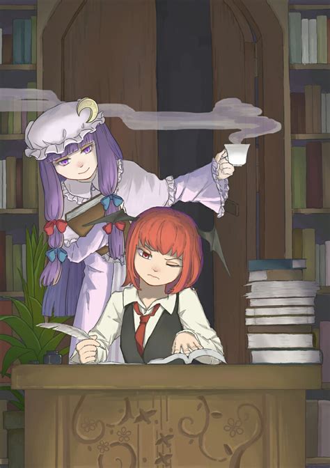 safebooru 2girls alternate hair length alternate hairstyle bangs bat wings blunt bangs book