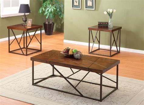 Modus reese rectangular coffee table. Brown Cherry Finish Modern 3Pc Coffee Table Set w/Metal Base