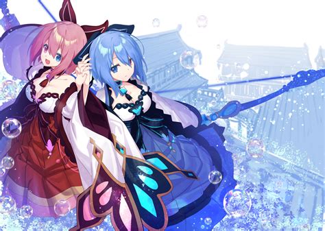 2girls Bicolored Eyes Blue Hair Bow Weapon Breasts Bubbles Building Cleavage Fang Japanese