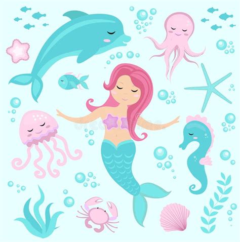Cute Set Little Mermaid And Underwater World Fairytale Princess