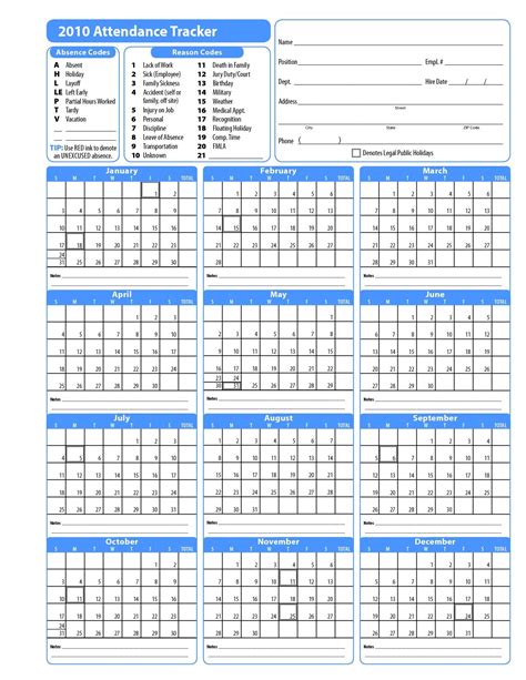Printable Employee Attendance Calendar Template Template