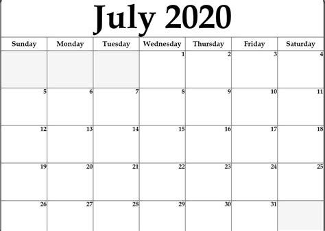 July 2020 Calendar Template Printable Calendar July July Calendar